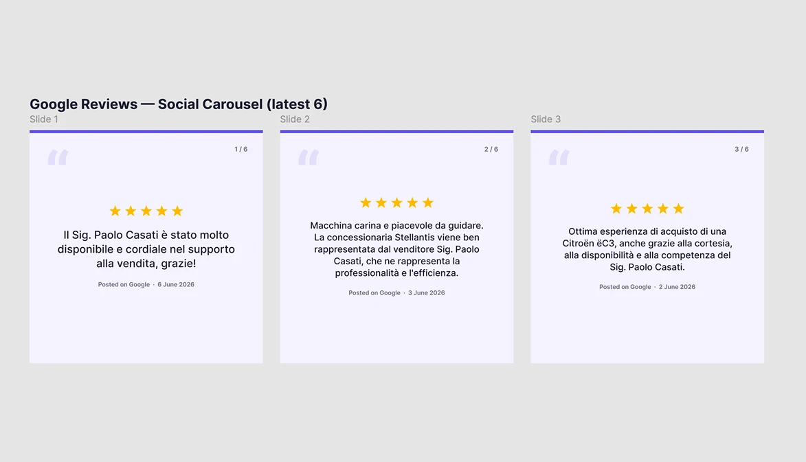 Figma carousel of six Google reviews generated from the EmbedSocial MCP prompt