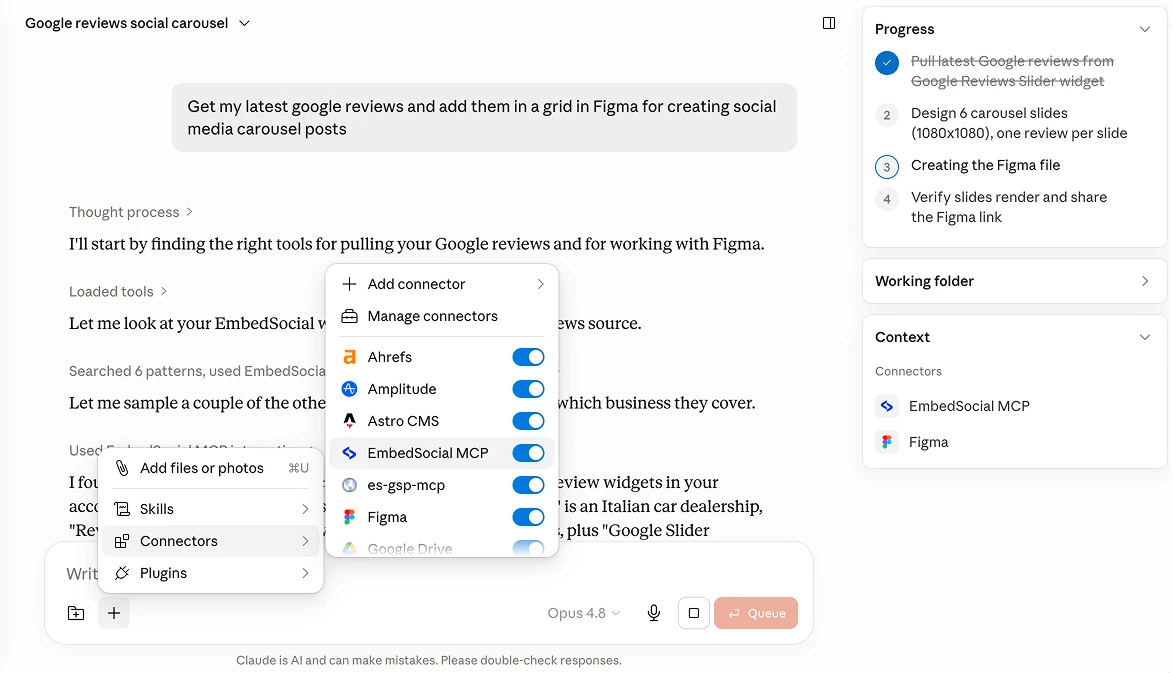 Claude opening the EmbedSocial MCP and Figma connectors to run the Google reviews to Figma carousel prompt