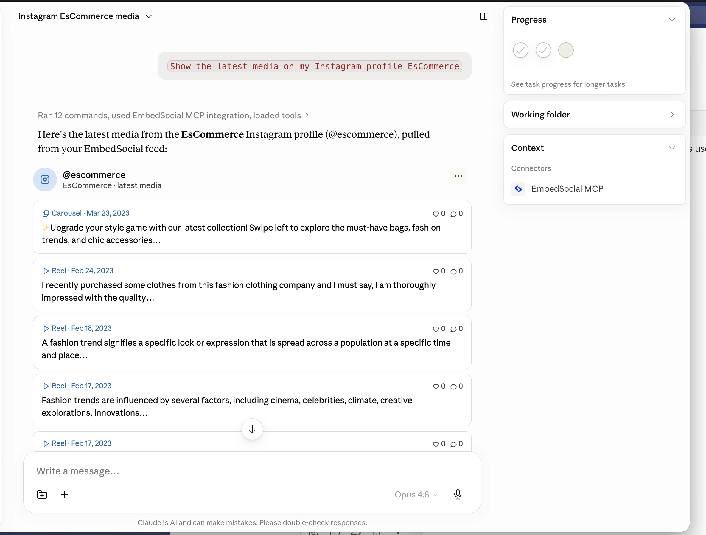 Claude responding to the latest Instagram media prompt with a list of recent EsCommerce posts