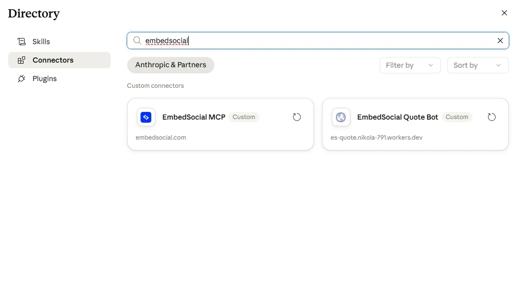 Searching for the EmbedSocial connector in Claude and clicking Connect