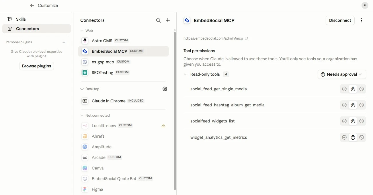 Claude confirming the EmbedSocial MCP connector is successfully connected