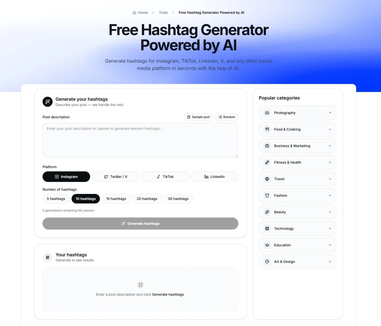 EmbedSocial free AI hashtag generator