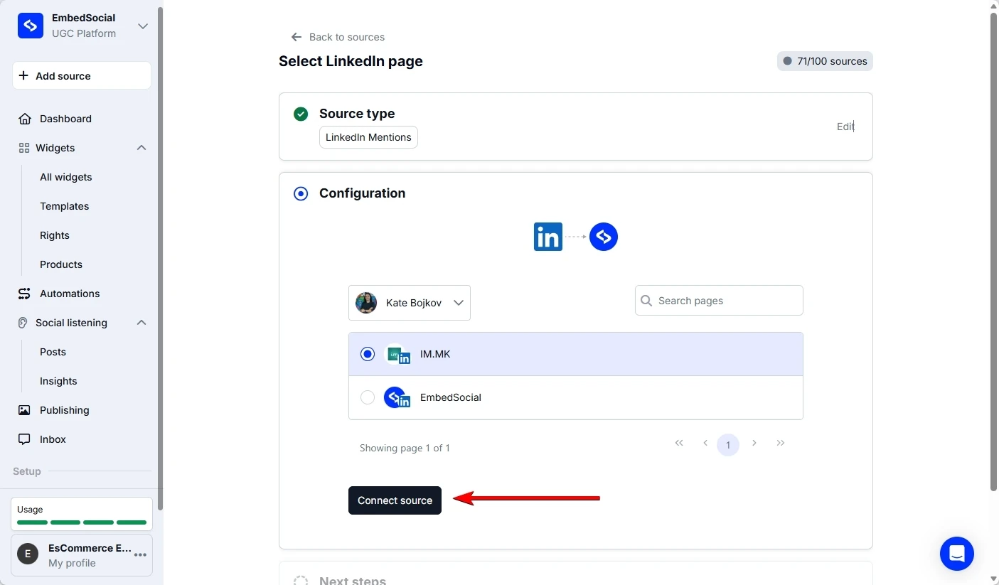 Connect LinkedIn as a source in EmbedSocial