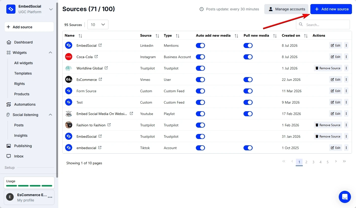 EmbedSocial Sources page
