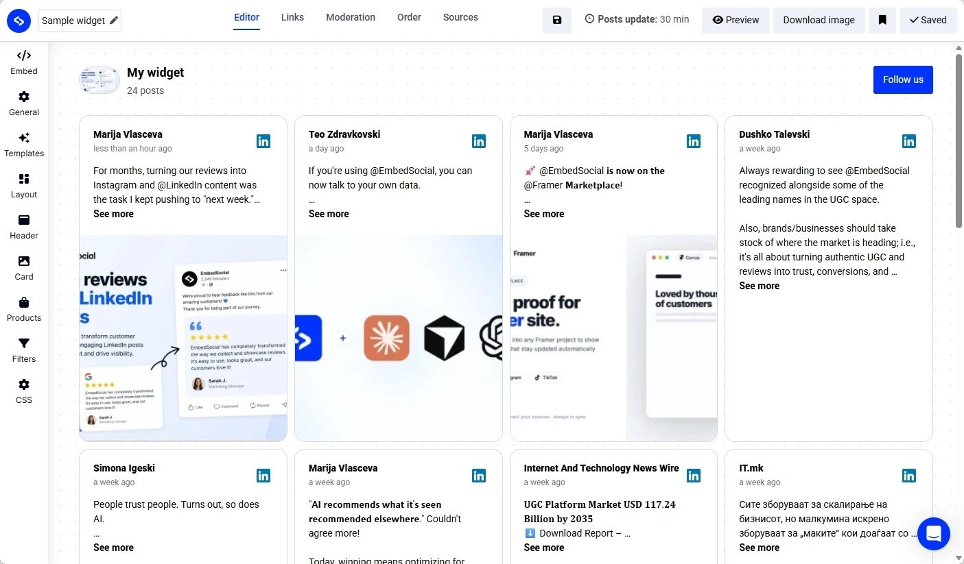 LinkedIn mentions widget template inside EmbedSocial