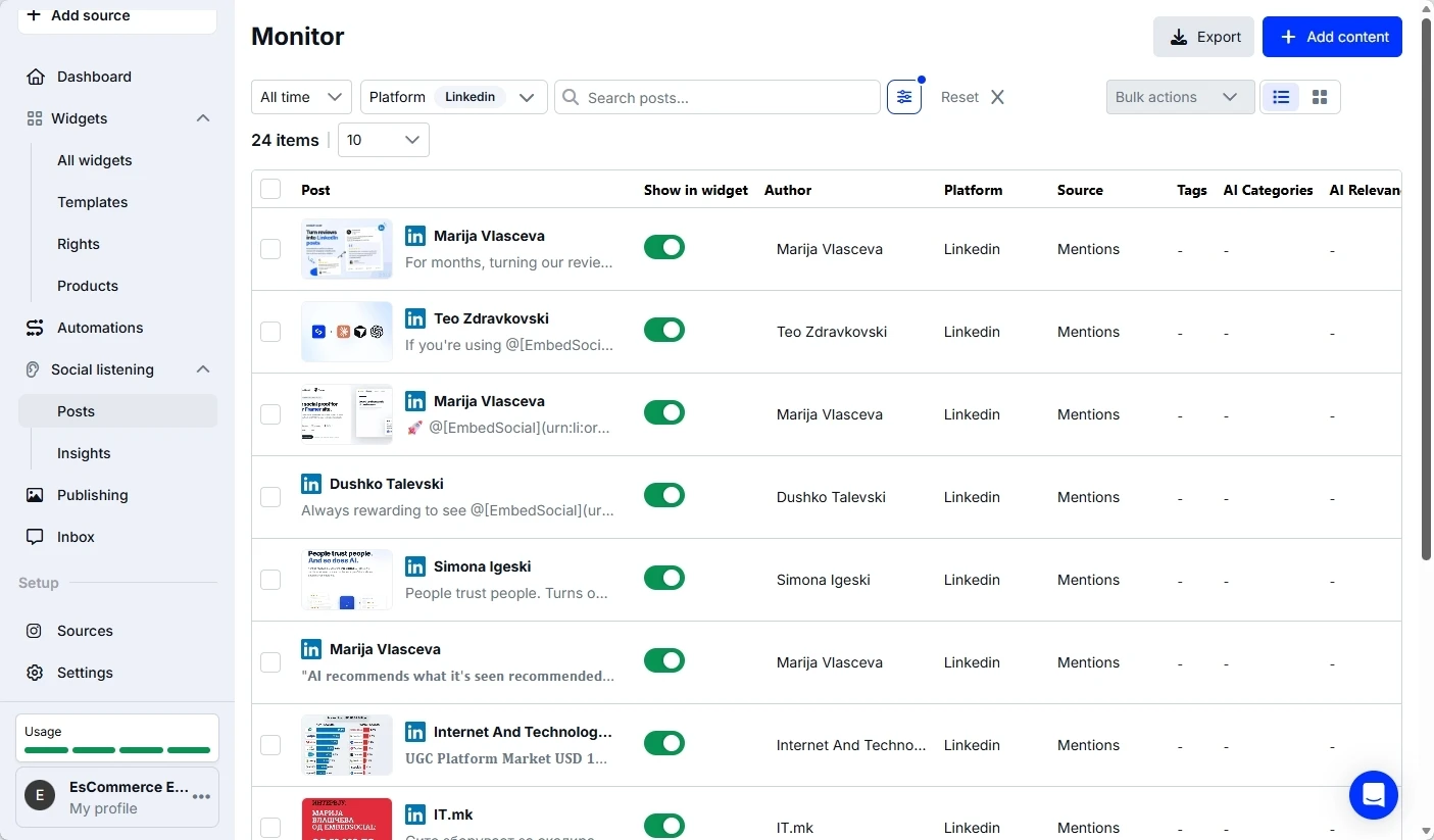 Monitor LinkedIn mentions inside EmbedSocial