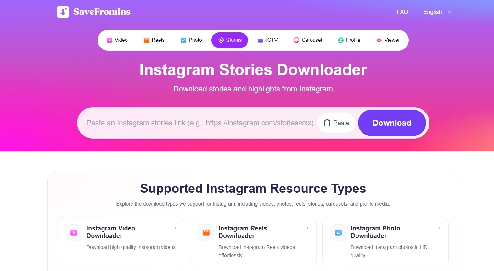 SaveFromIns Instagram story downloader homepage