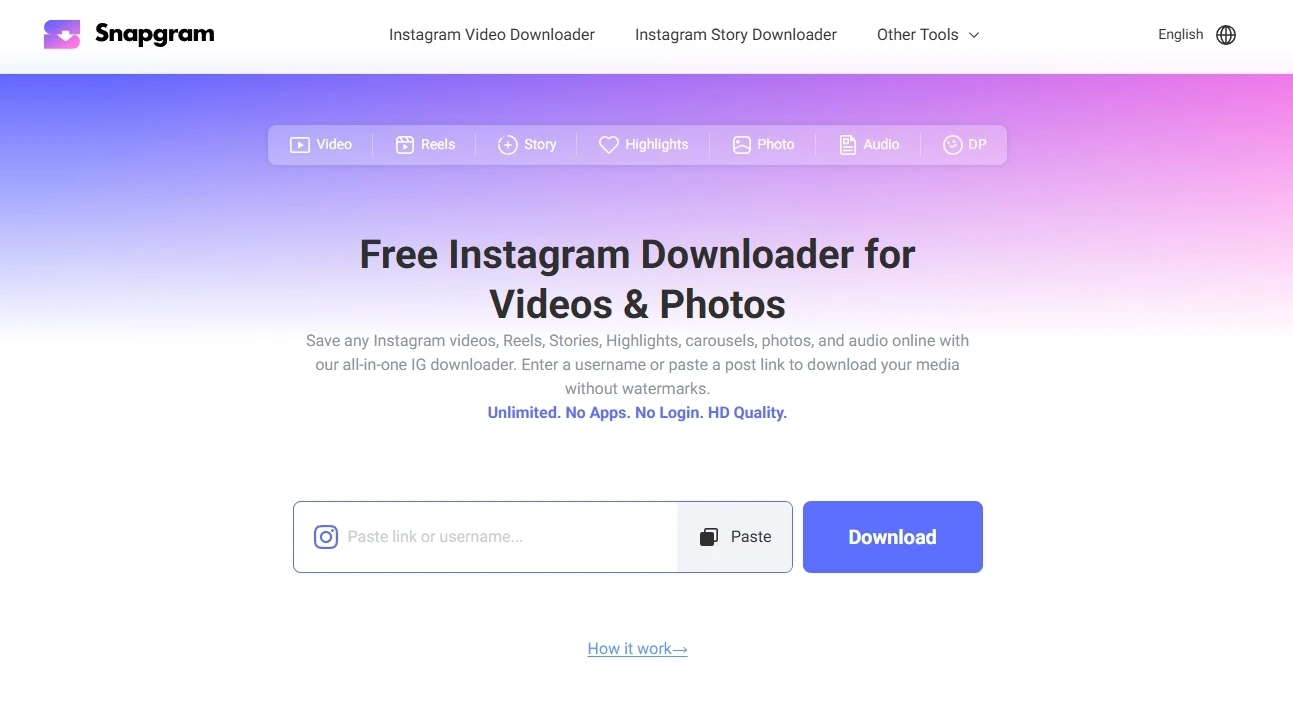 Snapgram Instagram story downloader homepage