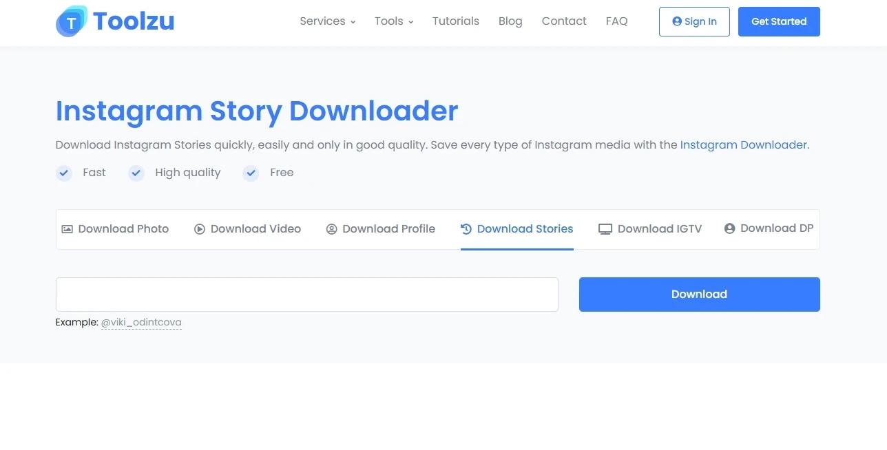 Toolzu Instagram story downloader homepage