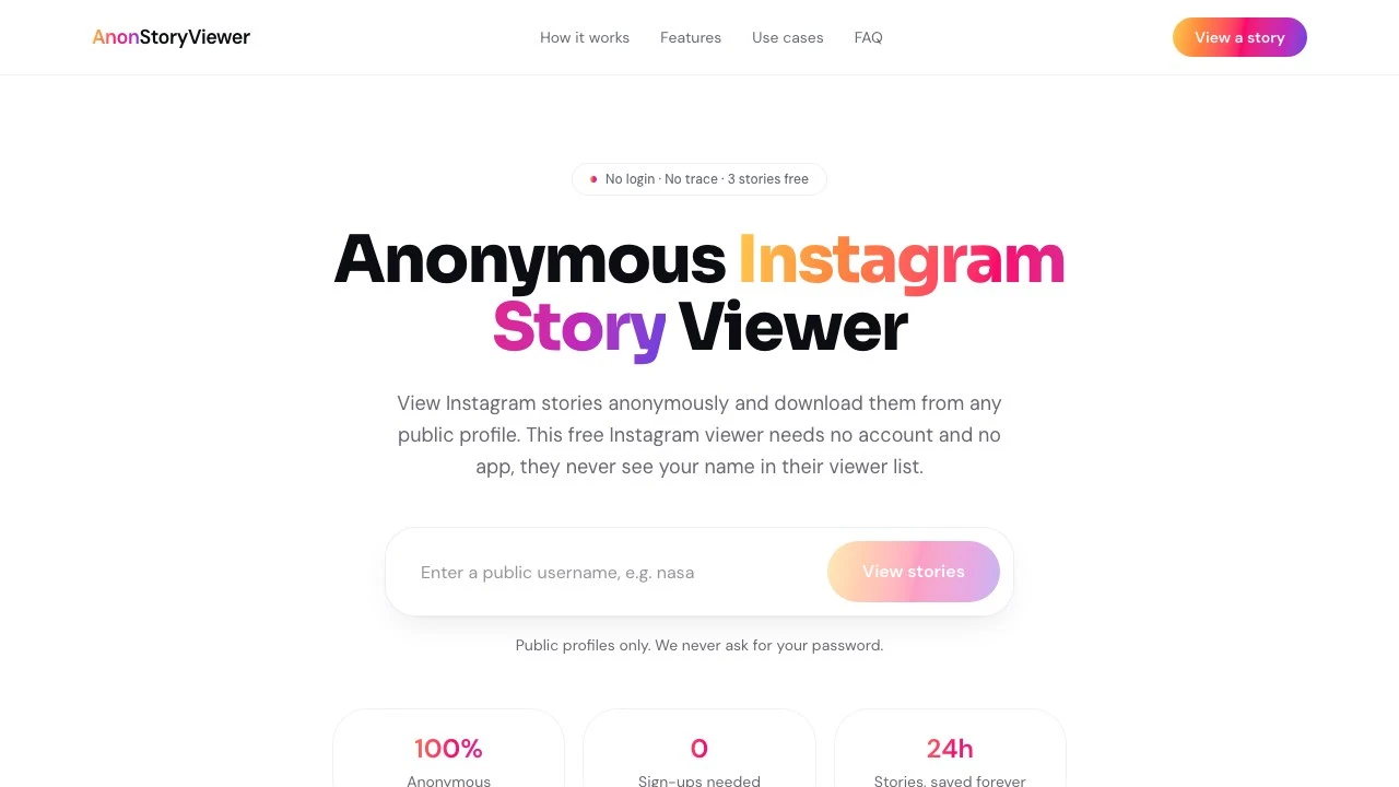Página inicial do AnonStoryViewer, visualizador anônimo de stories do Instagram