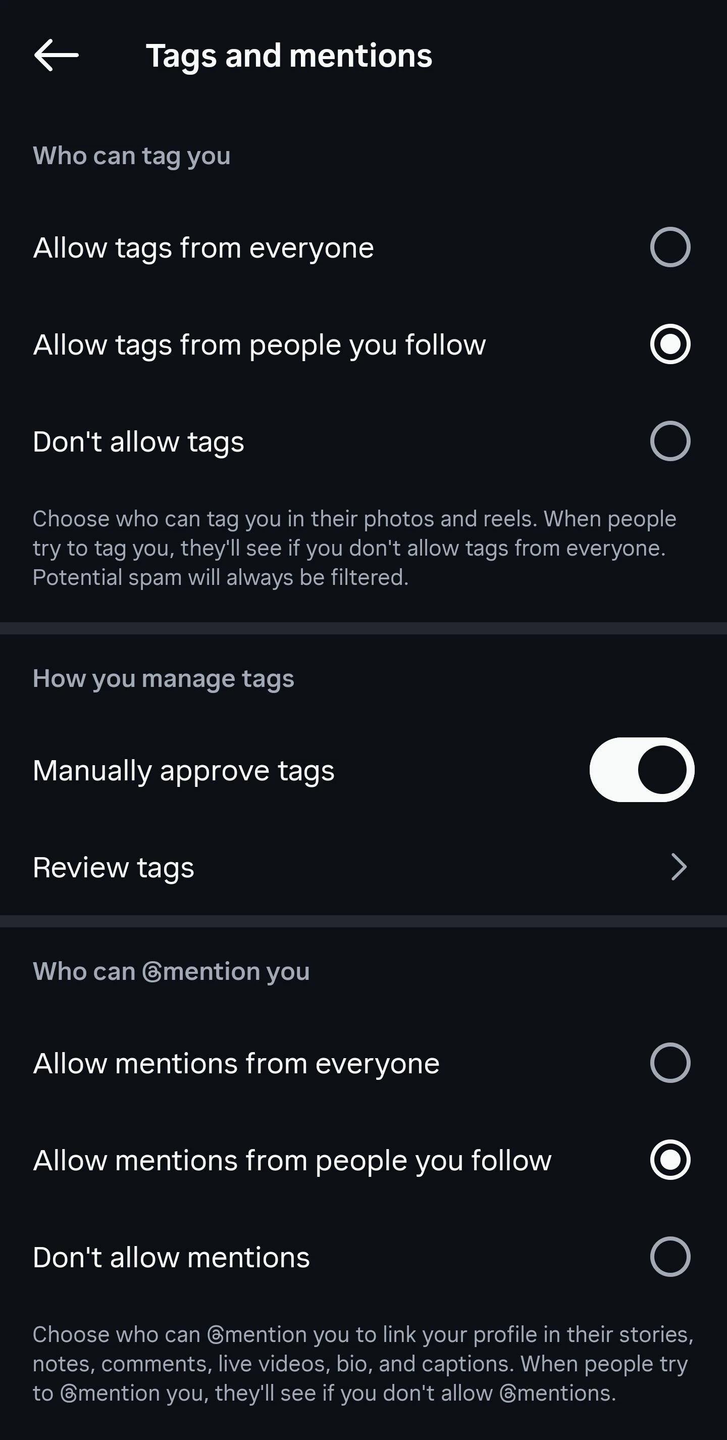 Instagram mentions settings