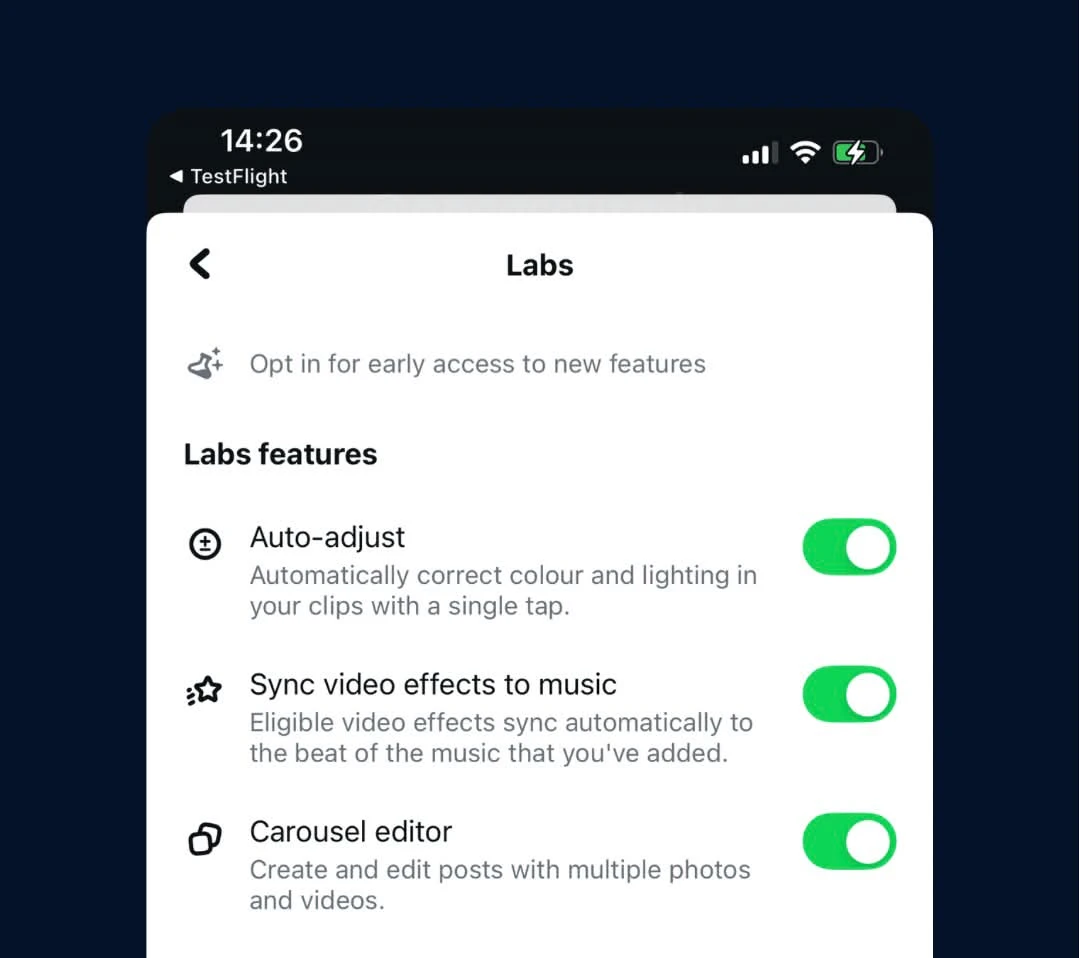 Edits tests auto-adjust and beat-synced effects in Labs