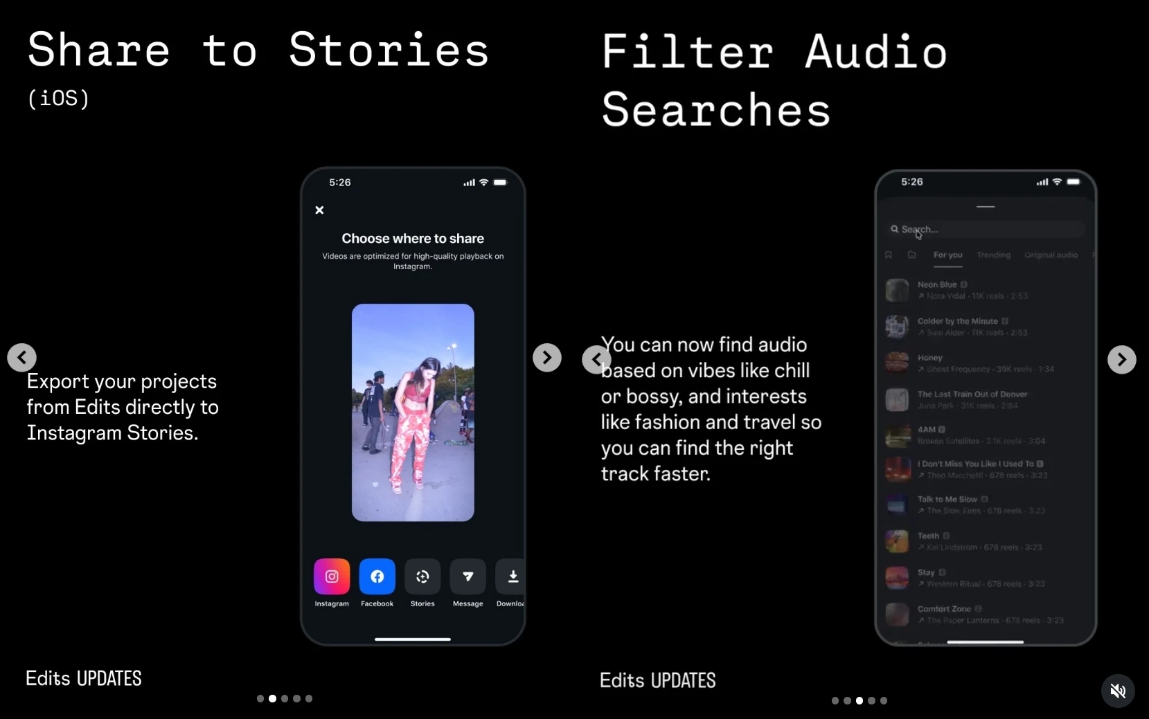 Edits adds Stories sharing and smarter audio search