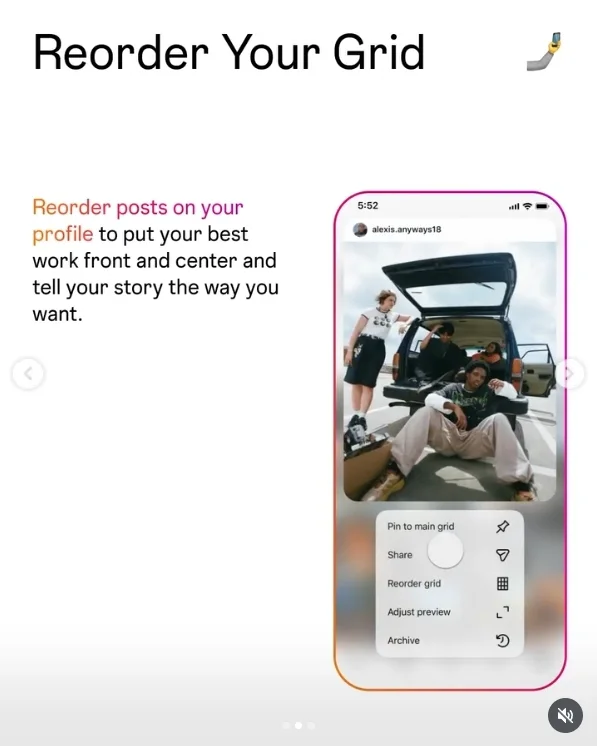 instagram reorder profile grid feature