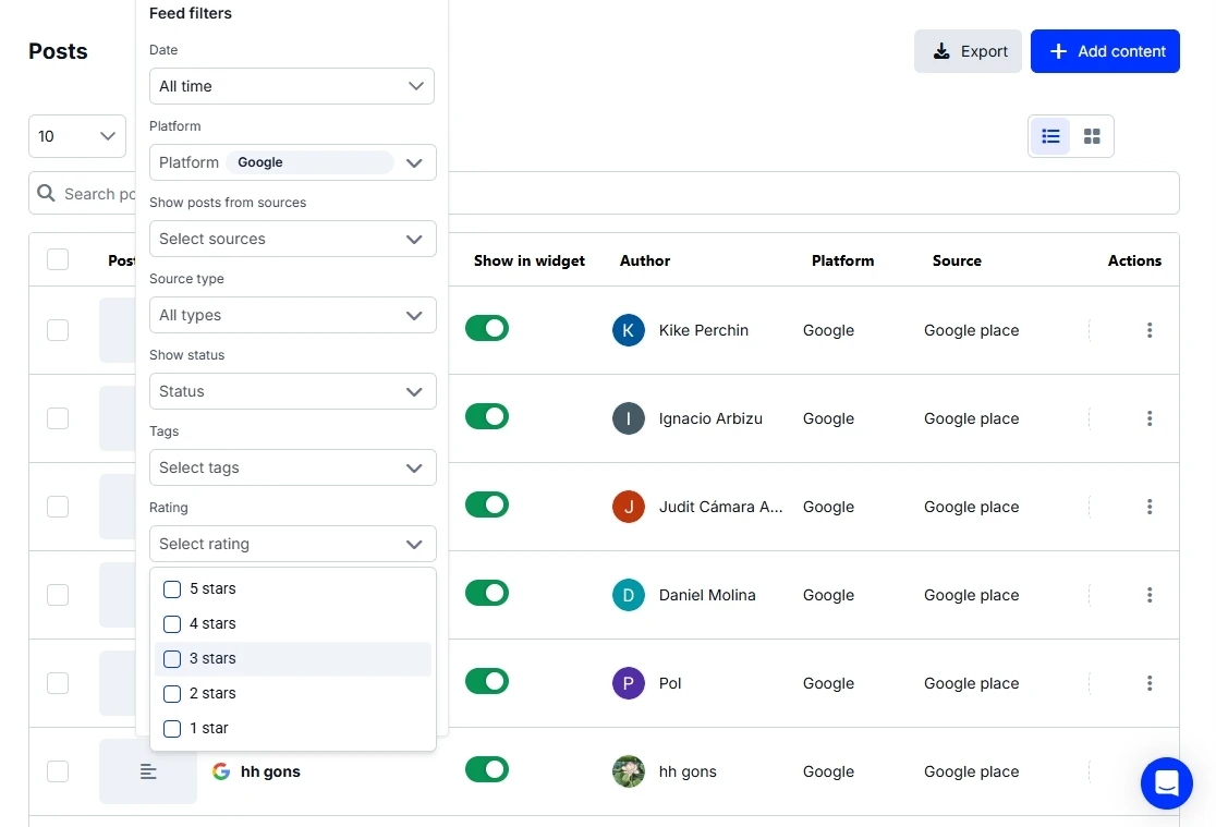 Review feed filters for platform, source, tags, and rating