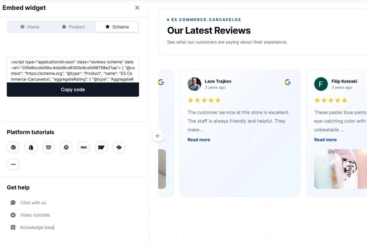 Review widget editor showing schema code beside a review widget preview