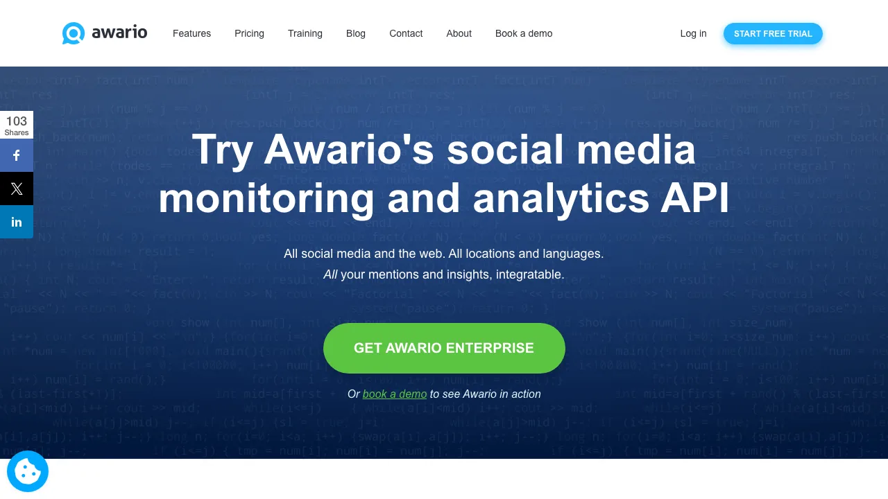 Awario social media monitoring and analytics API landing page