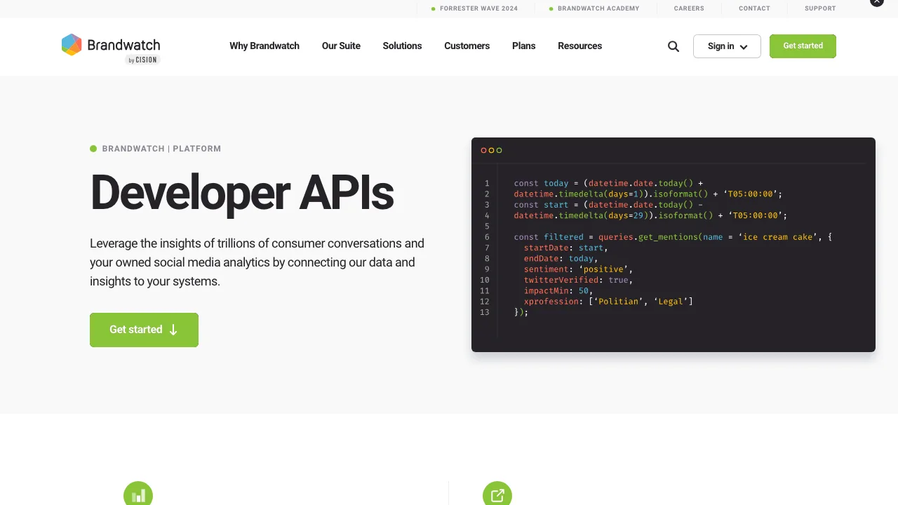 Brandwatch Developer APIs page with a sample mentions query in code