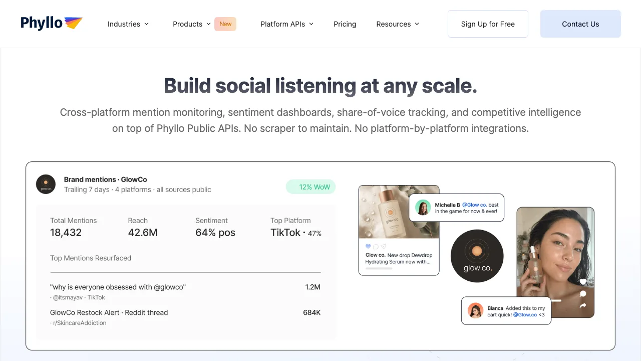 Phyllo social listening API page with a brand mentions dashboard example