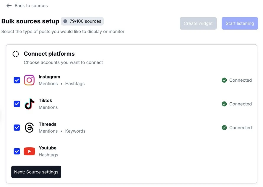 EmbedSocial bulk sources setup for social listening with Instagram mentions and hashtags, TikTok mentions, Threads mentions and keywords, and YouTube hashtags