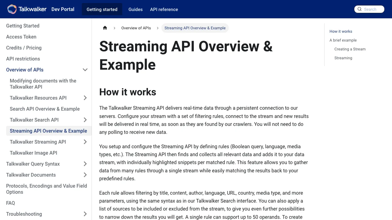 Talkwalker Dev Portal Streaming API overview docs