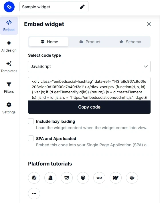 Copying the EmbedSocial widget embed code