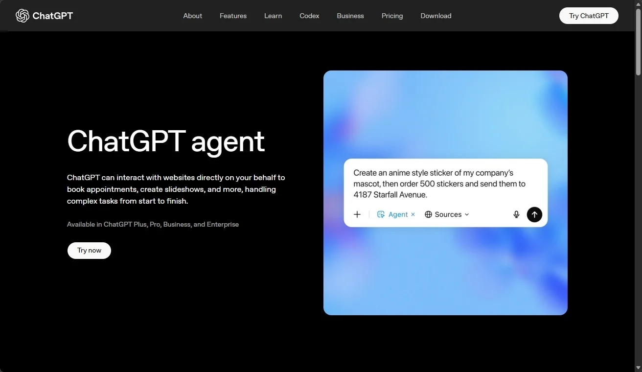 ChatGPT Agent homepage