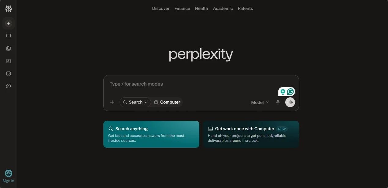 Perplexity homepage