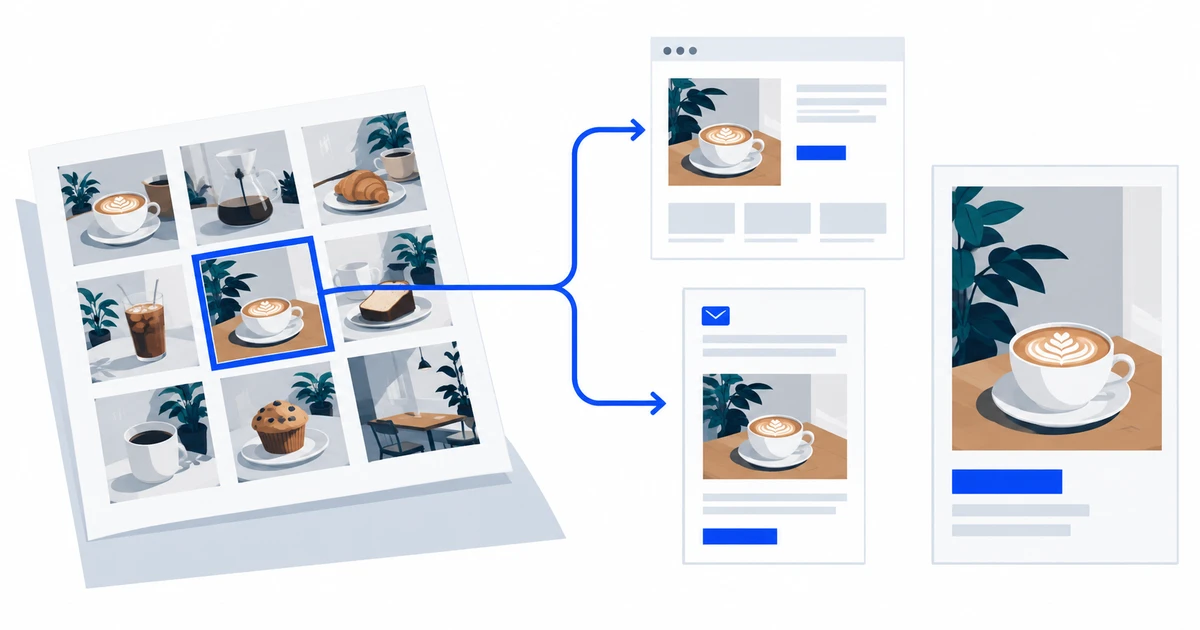 One curated post from the content library reused on a website, in an email and as an ad