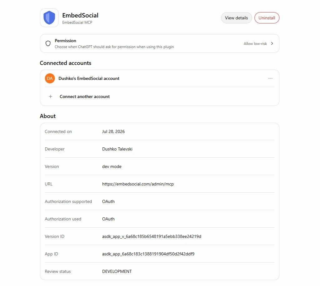 ChatGPT showing the EmbedSocial connector added under Plugins