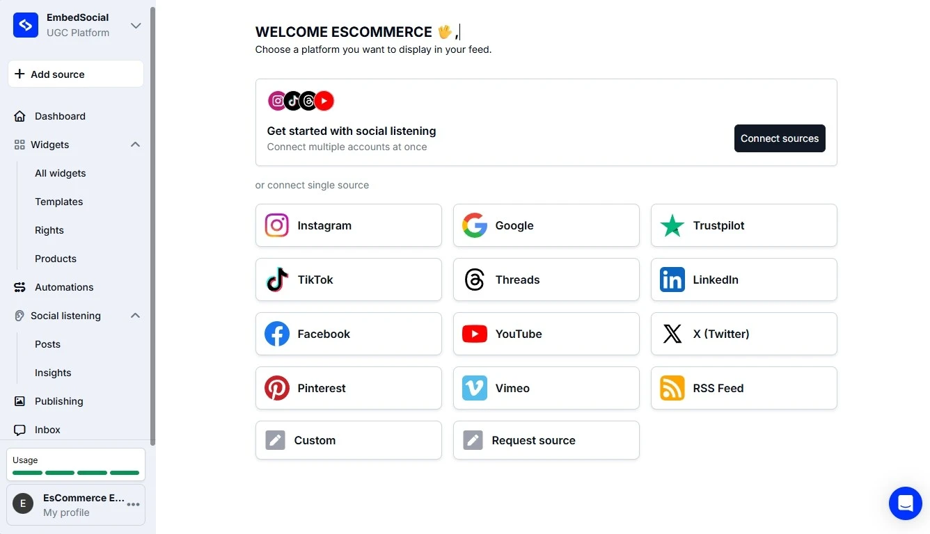 EmbedSocial connect sources screen showing Instagram, Google, Trustpilot, TikTok, Threads, LinkedIn, Facebook, YouTube, and X as single source options