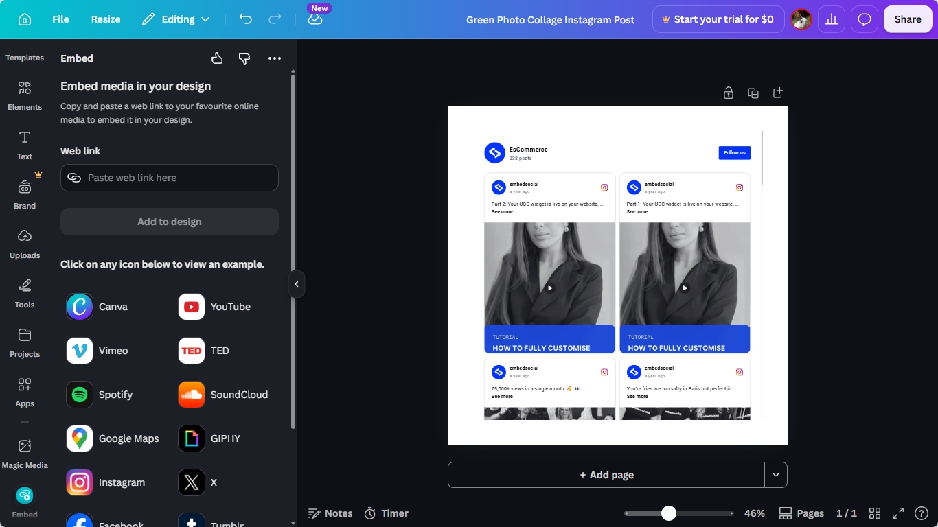 CanvaのEmbedアプリにEmbedSocialのウィジェットURLを貼り付け、デザインのキャンバス上にライブウィジェットが表示されている画面