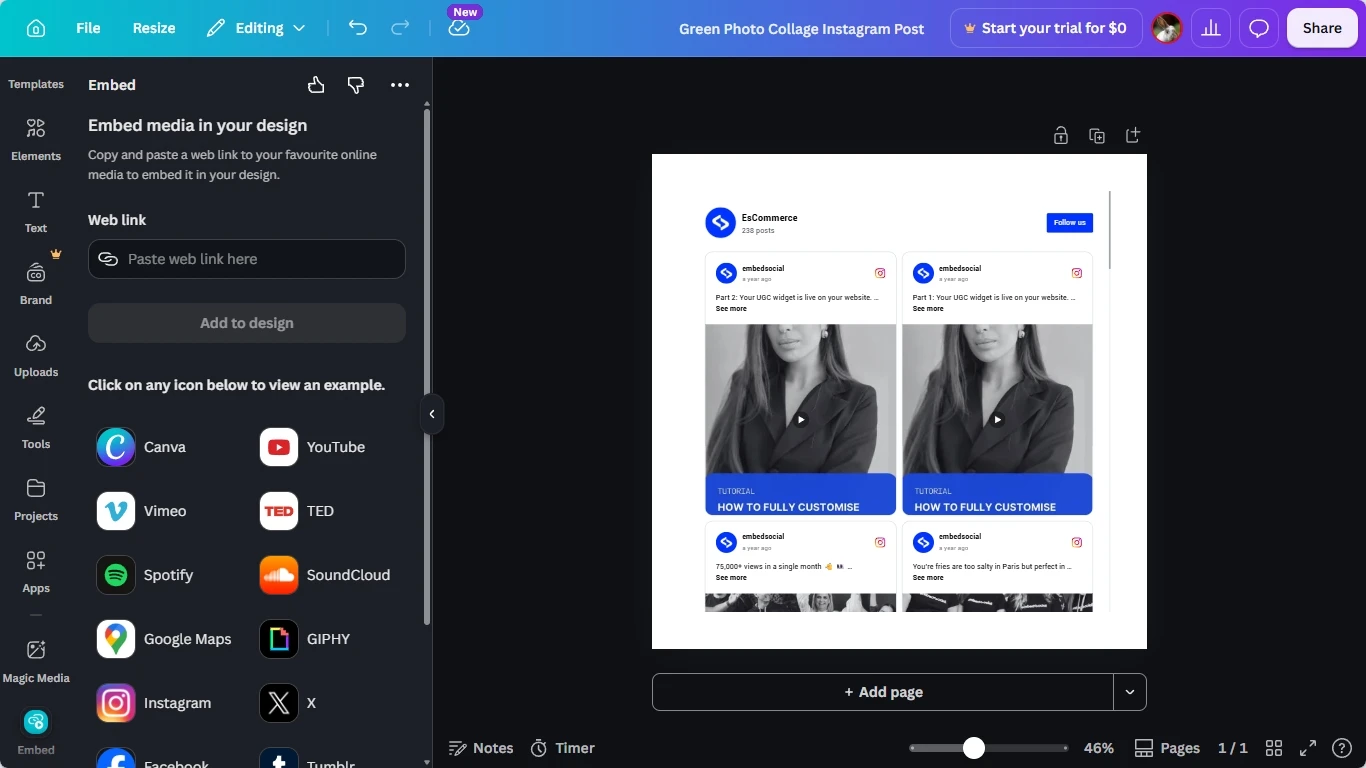 Canva Embed app panel with a web link field next to a design page showing a live EmbedSocial Instagram feed widget