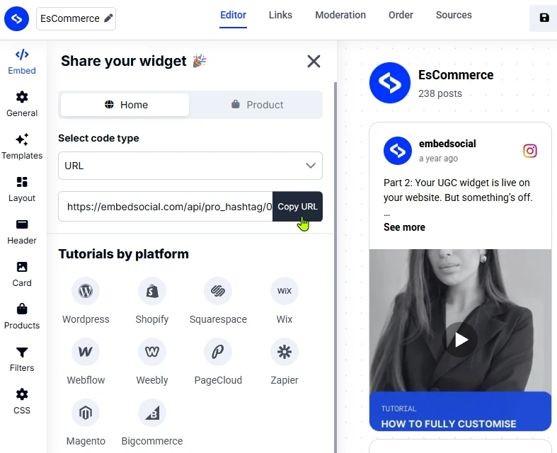 EmbedSocial Share your widget panel with the code type dropdown set to URL and the Copy URL button highlighted