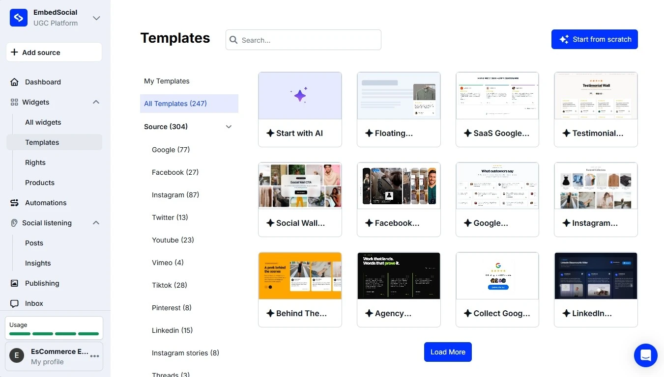 EmbedSocial templates gallery with a Start from scratch button and template categories by source