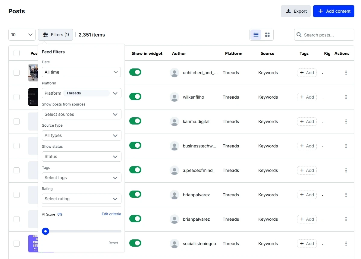 Filter collected Threads mentions in EmbedSocial