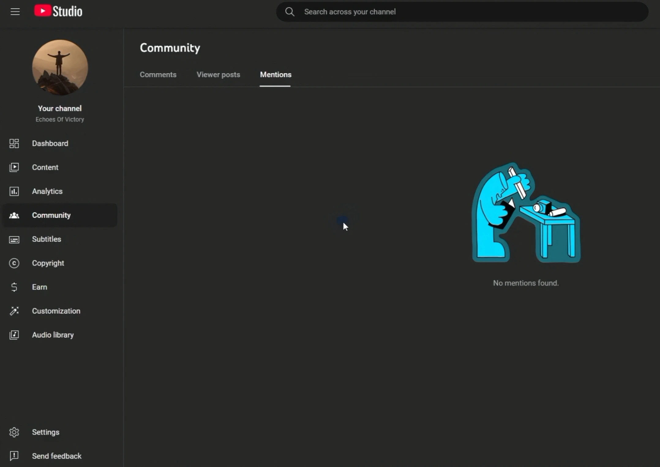 YouTube Studio Community page with the Mentions tab open next to Comments and Viewer posts
