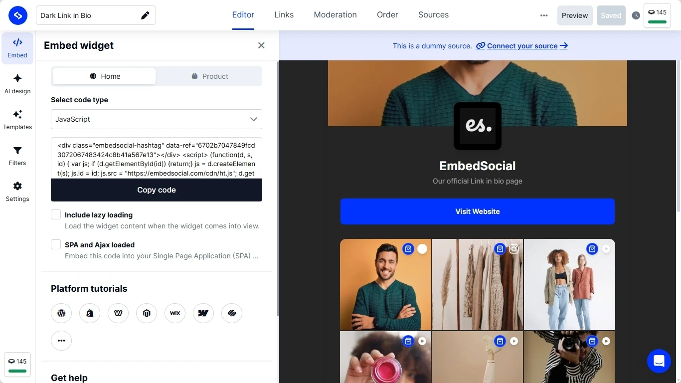 Copy the EmbedSocial widget code