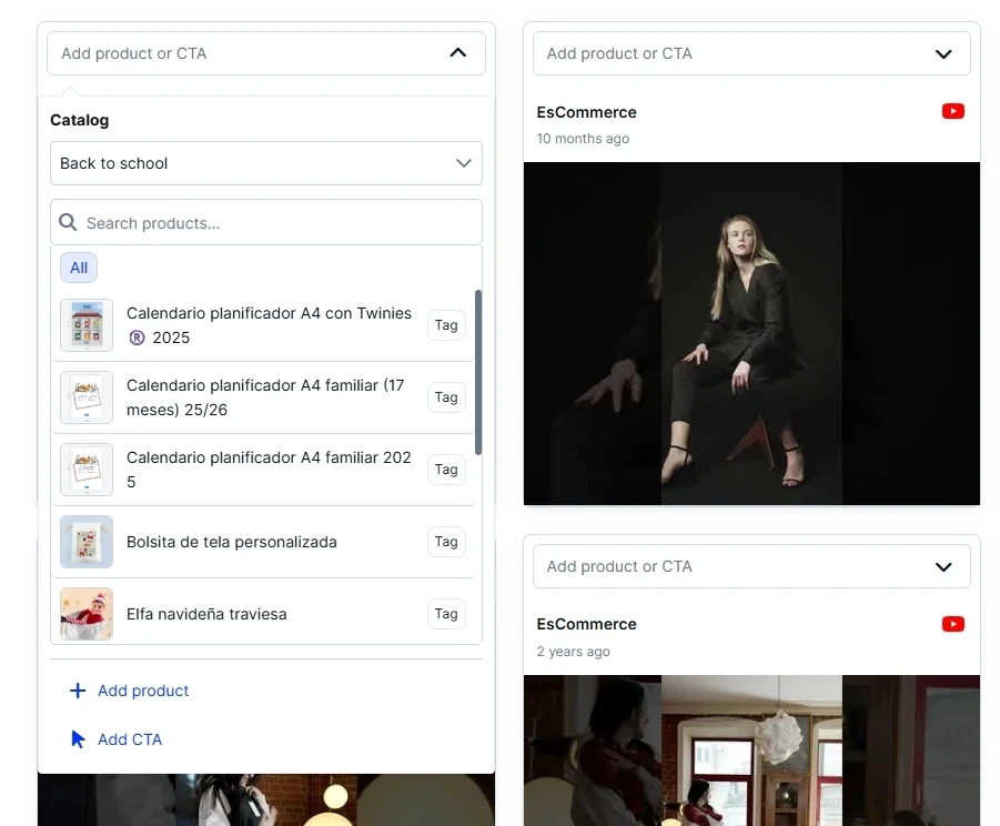 Products and calls to action added to videos in an EmbedSocial YouTube widget