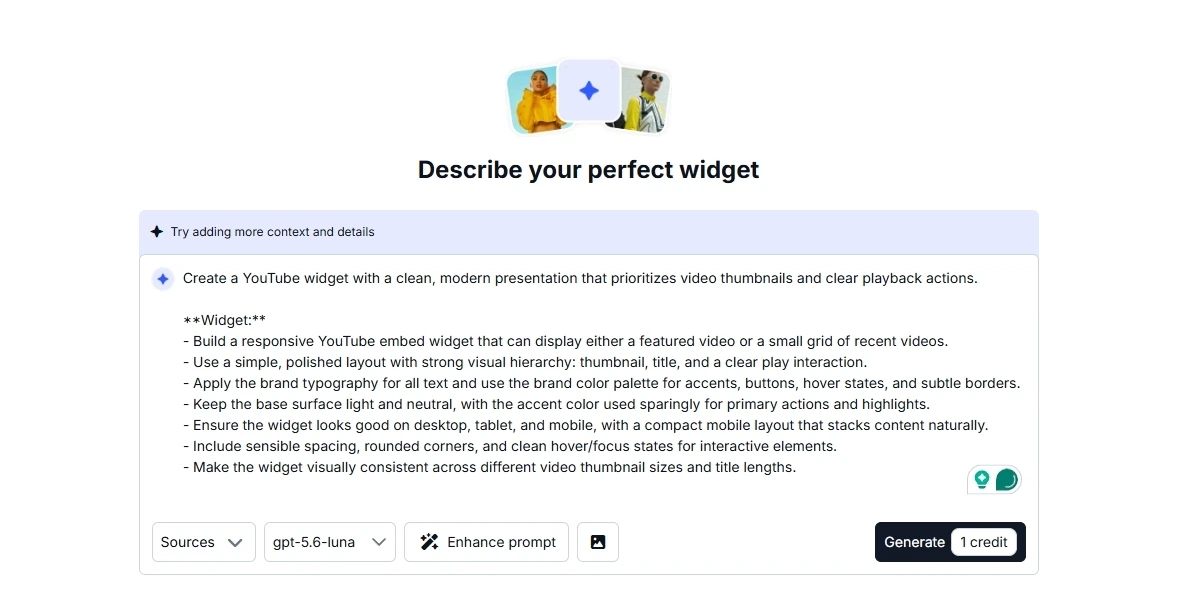 The EmbedSocial AI widget builder prompt for a responsive YouTube widget