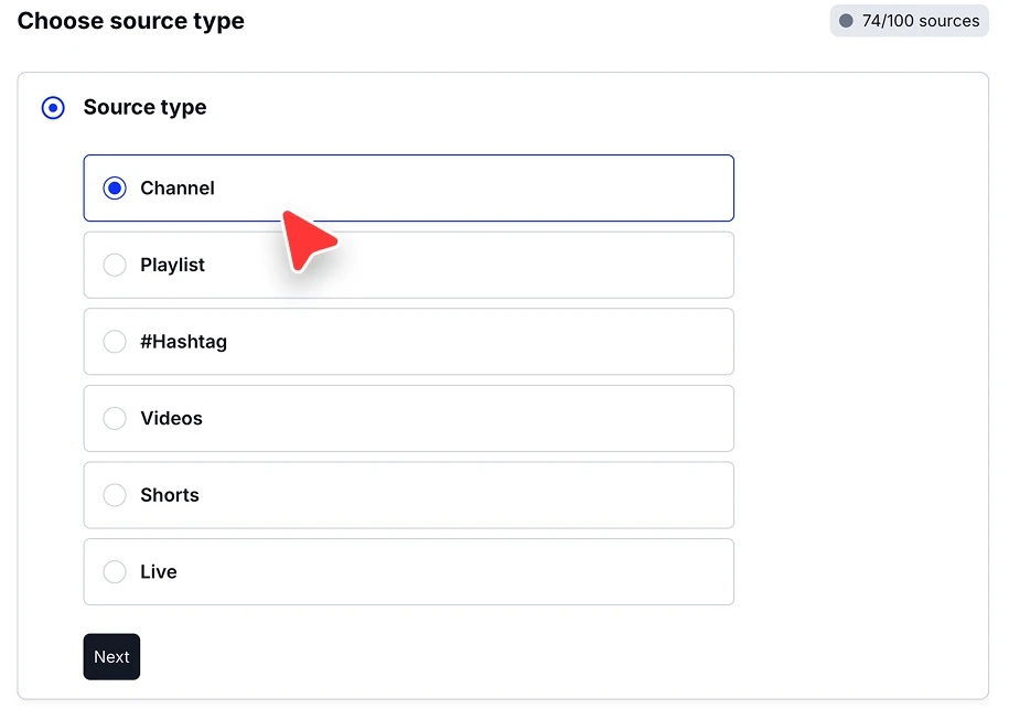 EmbedSocial source type screen for YouTube with Channel, Playlist, Hashtag, Videos, Shorts and Live, no API key needed