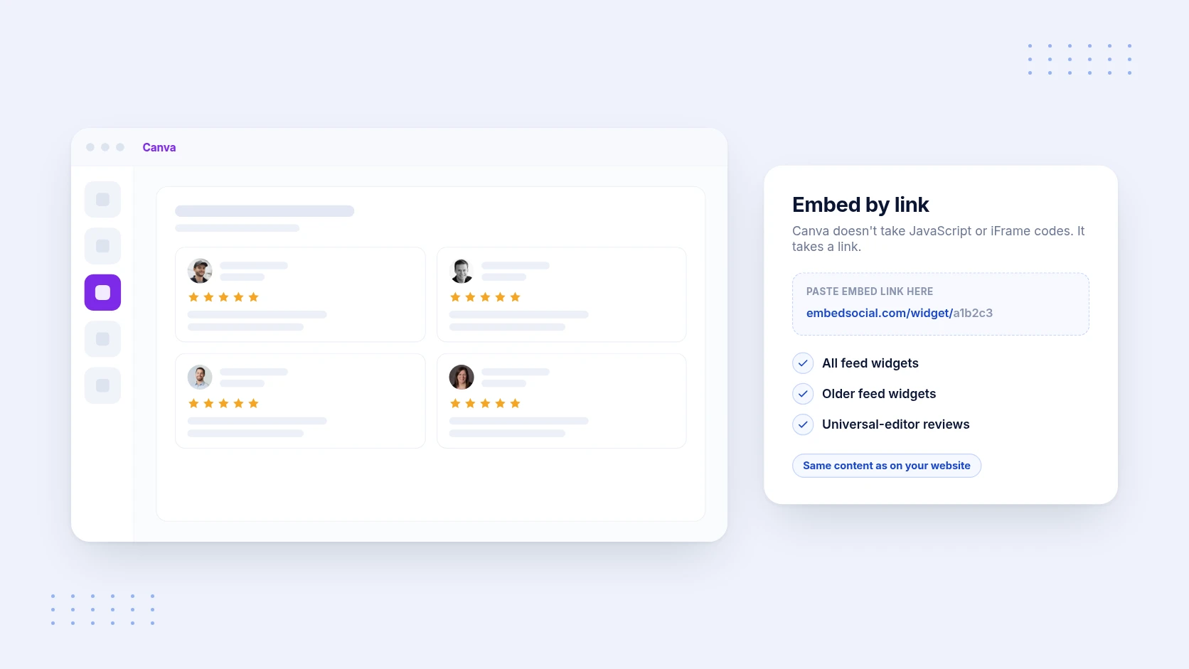 An EmbedSocial reviews widget embedded by link inside a Canva design