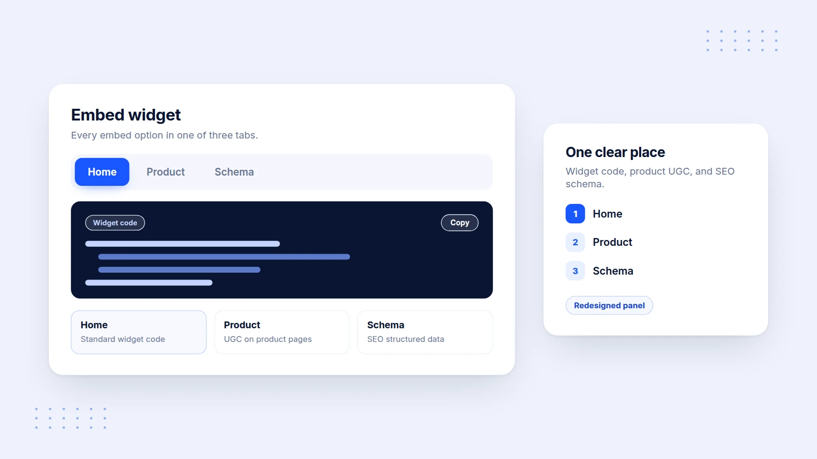 The embed panel with Home, Product, and Schema tabs