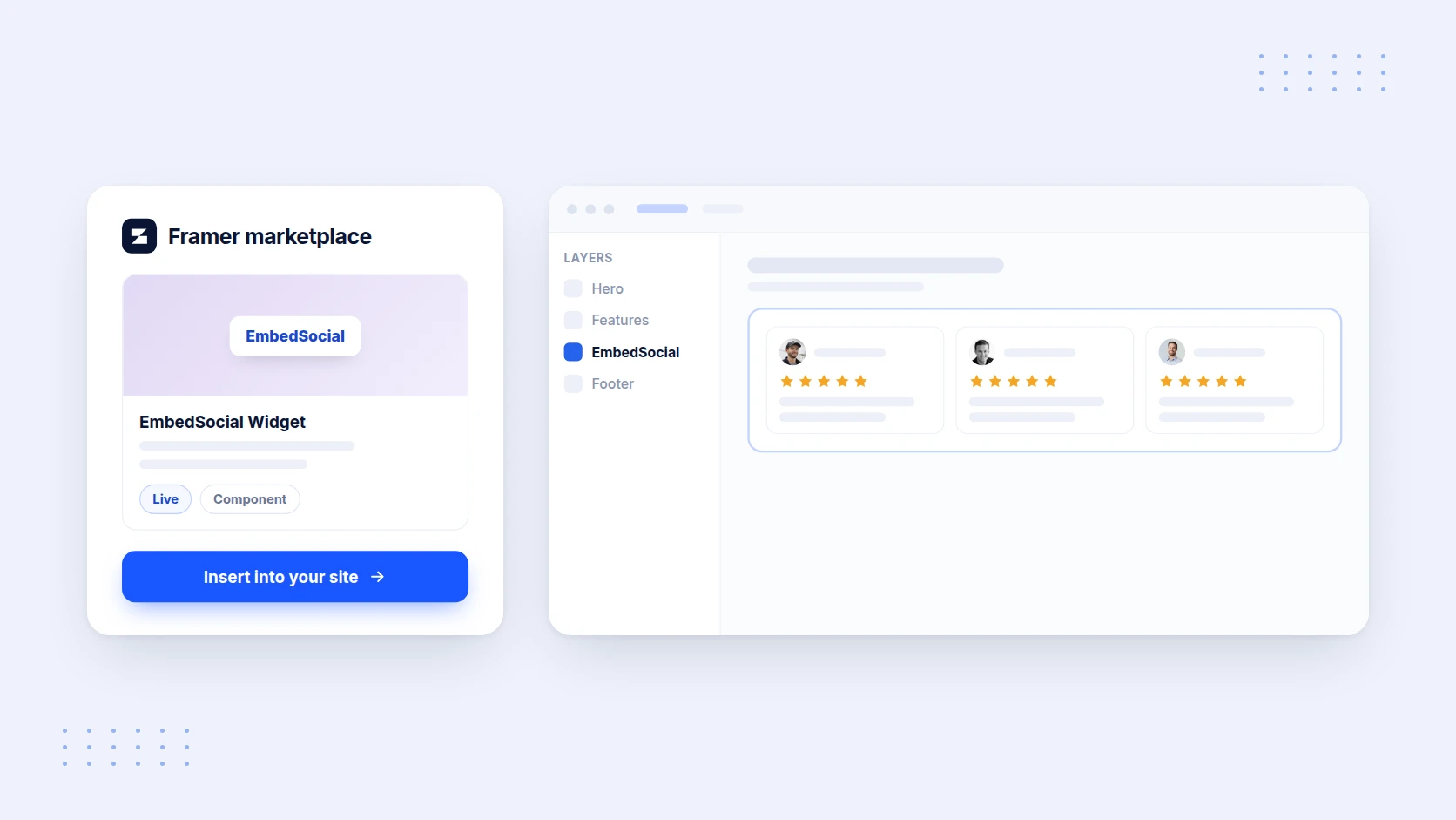 The EmbedSocial component on the Framer marketplace, inserted into a Framer site