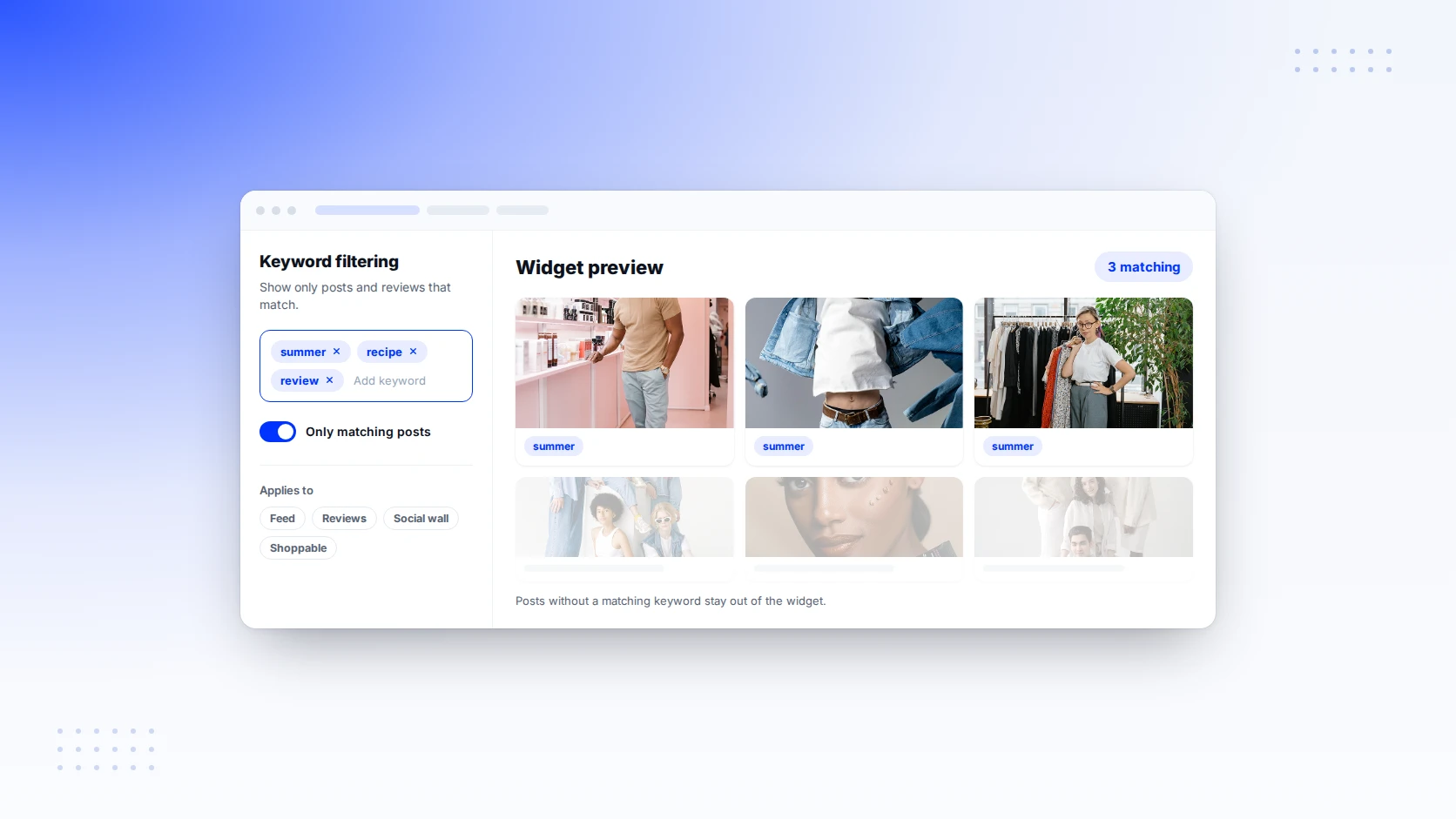 Keyword filters applied to a widget, with the feed narrowing to matching posts