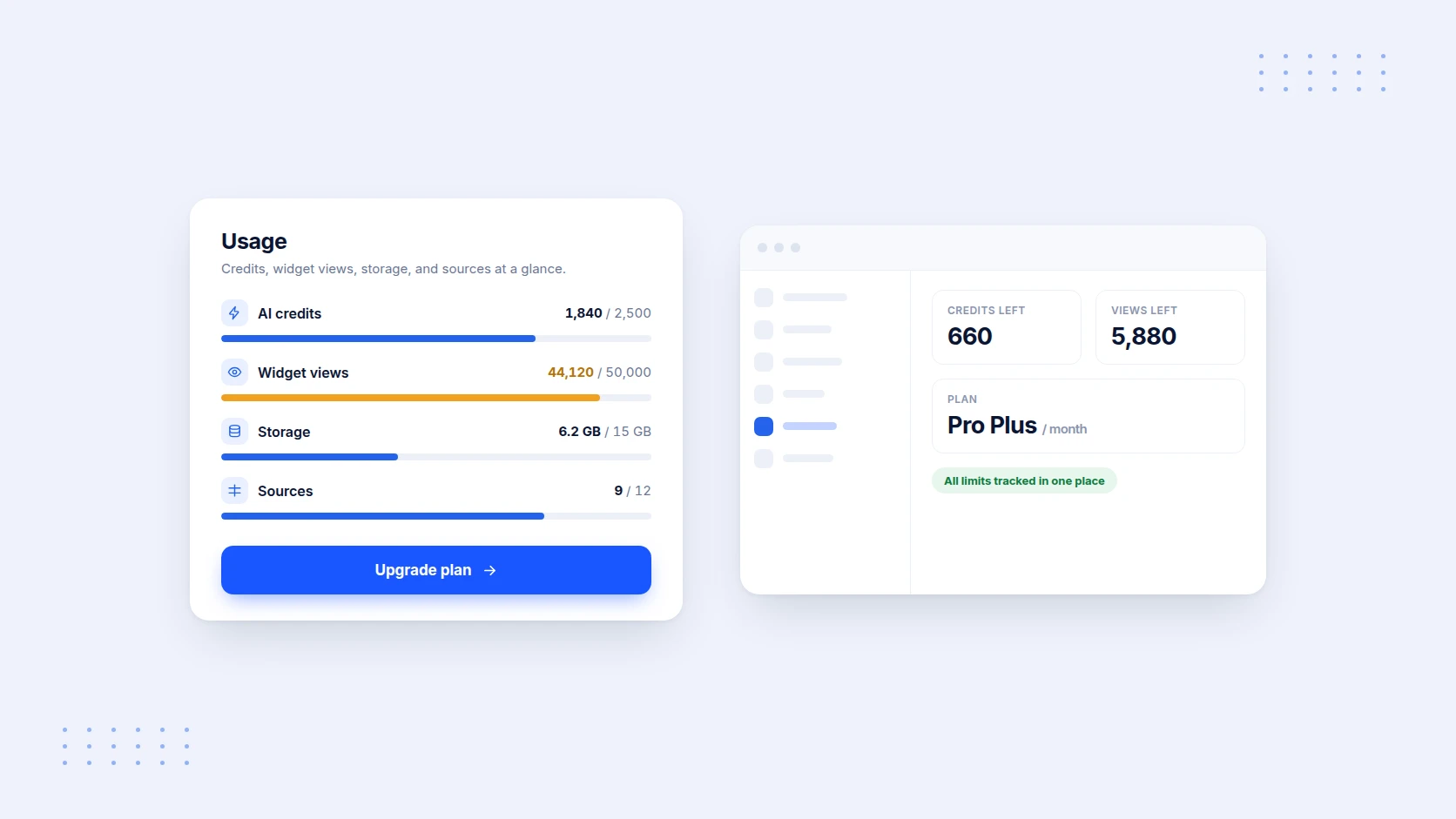 A usage panel showing credits, widget views, storage, and sources