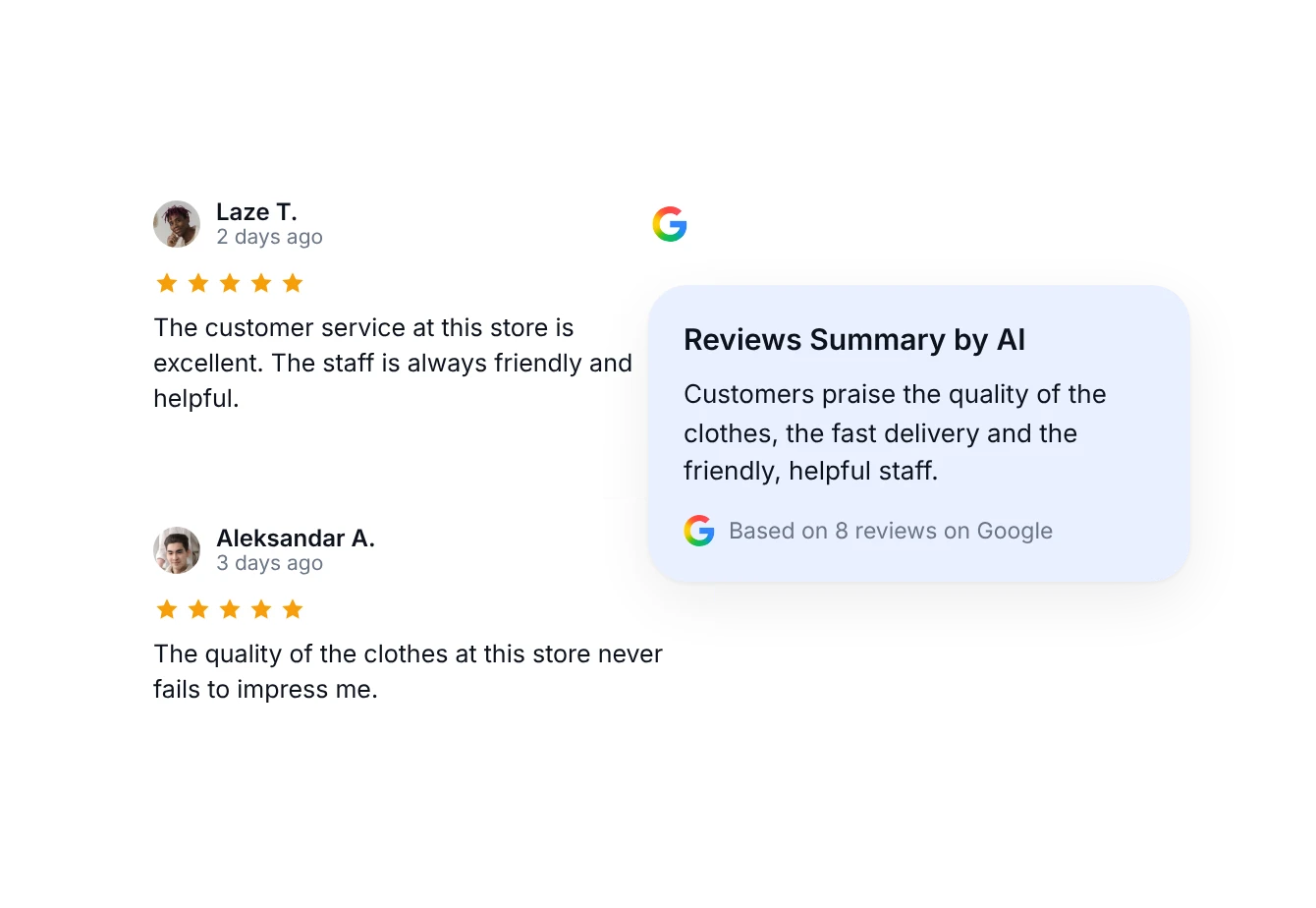 Zwei Google-Bewertungen mit 5 Sternen neben einer KI-Zusammenfassung der Bewertungen, basierend auf 8 Bewertungen auf Google