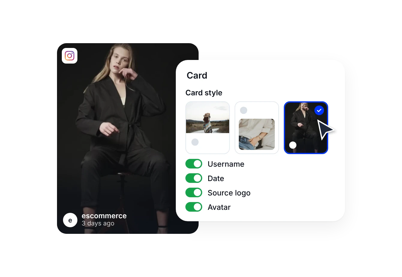 Karteneinstellungen in EmbedSocial mit ausgewähltem Overlay-Kartenstil, angewendet auf einen Instagram-Beitrag