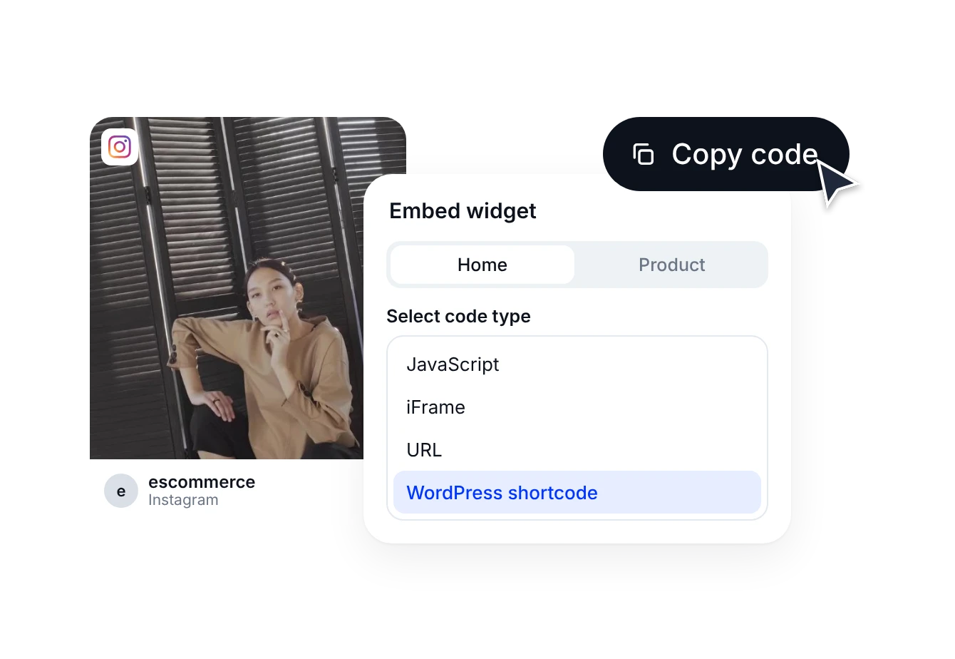 Das Panel zum Einbetten des Widgets in EmbedSocial mit ausgewähltem WordPress-Shortcode als Codetyp, bereit zum Kopieren