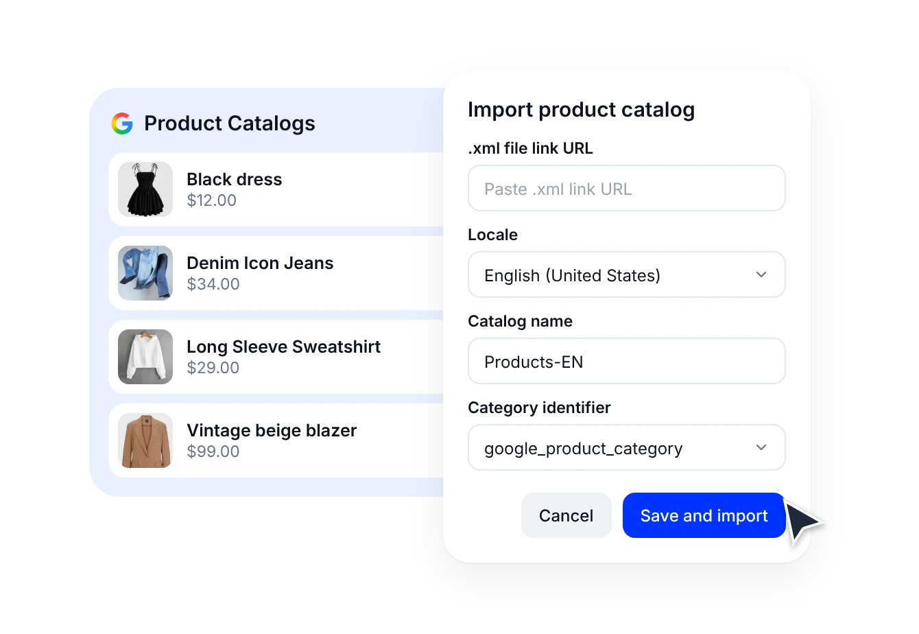 Formulario para importar un catálogo de productos con enlace .xml, idioma y nombre, junto a los productos importados de una tienda con fotos y precios